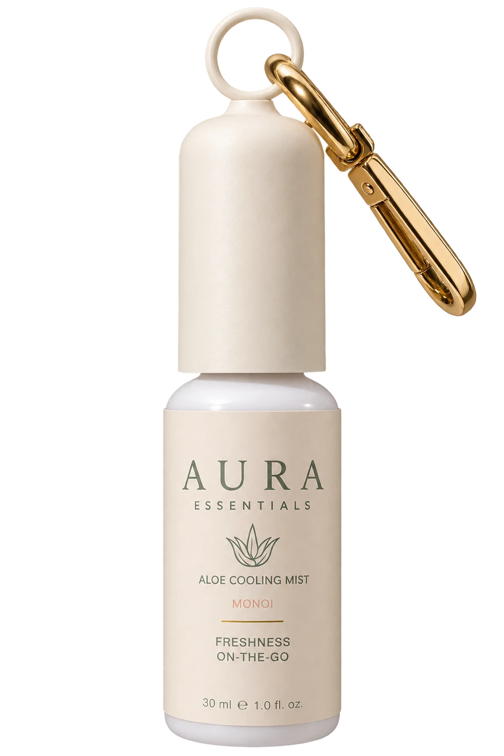 Brume Aloe Cooling Mist AURA Essentials parfum Monoï avec mousqueton doré