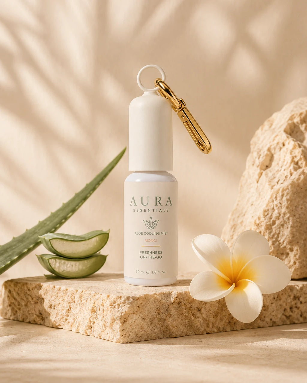 Aloe Cooling Mist Monoï posée avec de l'aloe vera et une fleur de frangipanier