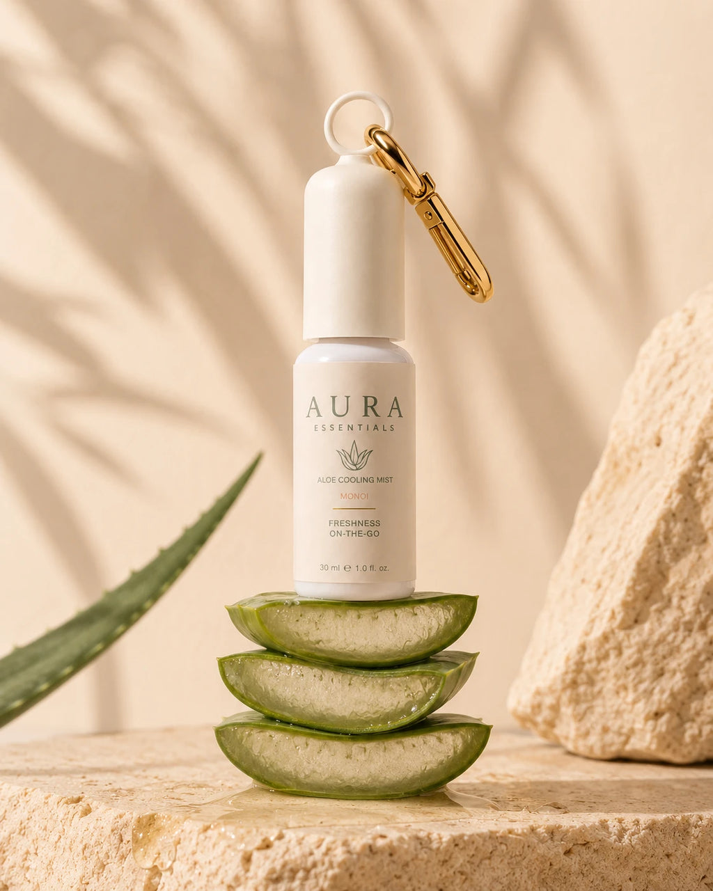 Aloe Cooling Mist Monoï sur des tranches d'aloe vera