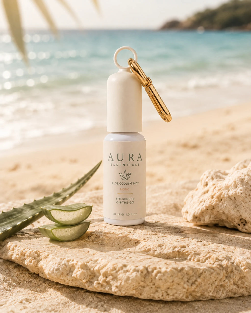 Aloe Cooling Mist Monoï sur la plage avec de l'aloe vera