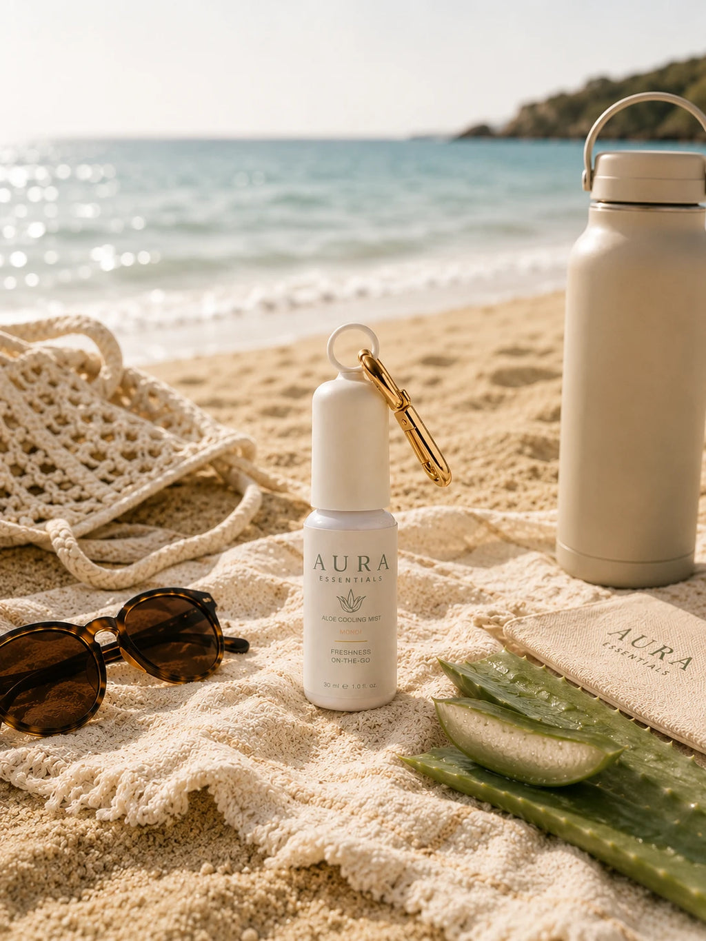 Aloe Cooling Mist Monoï sur une serviette de plage avec lunettes de soleil et pochette AURA
