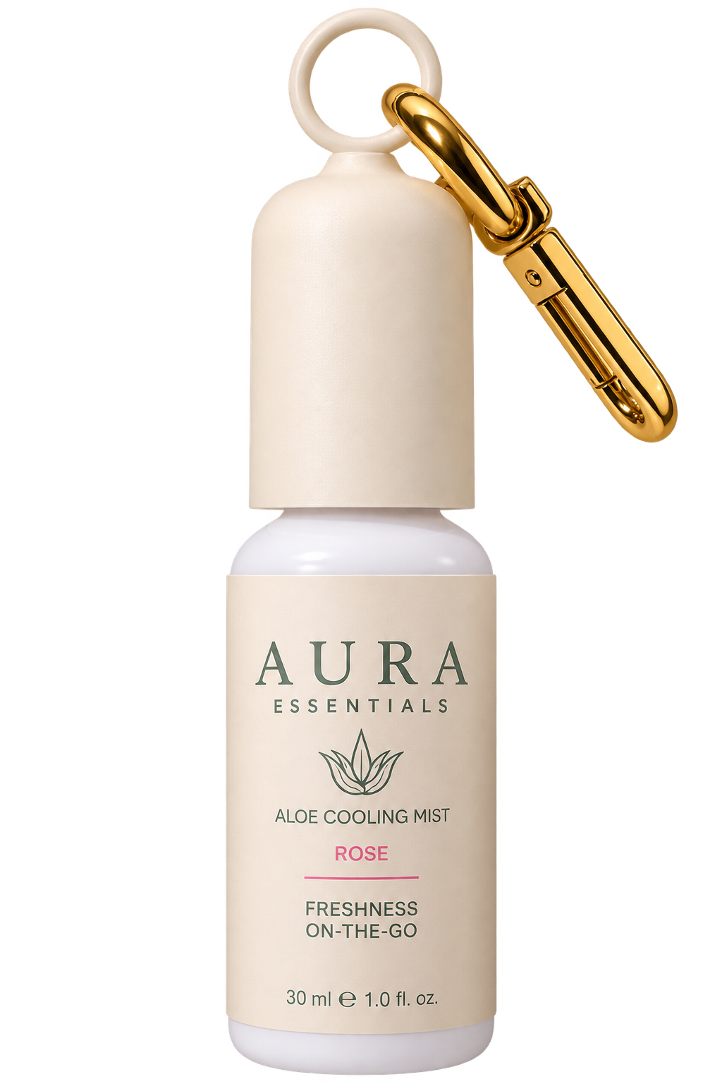 Brume Aloe Cooling Mist AURA Essentials parfum Rose avec mousqueton doré