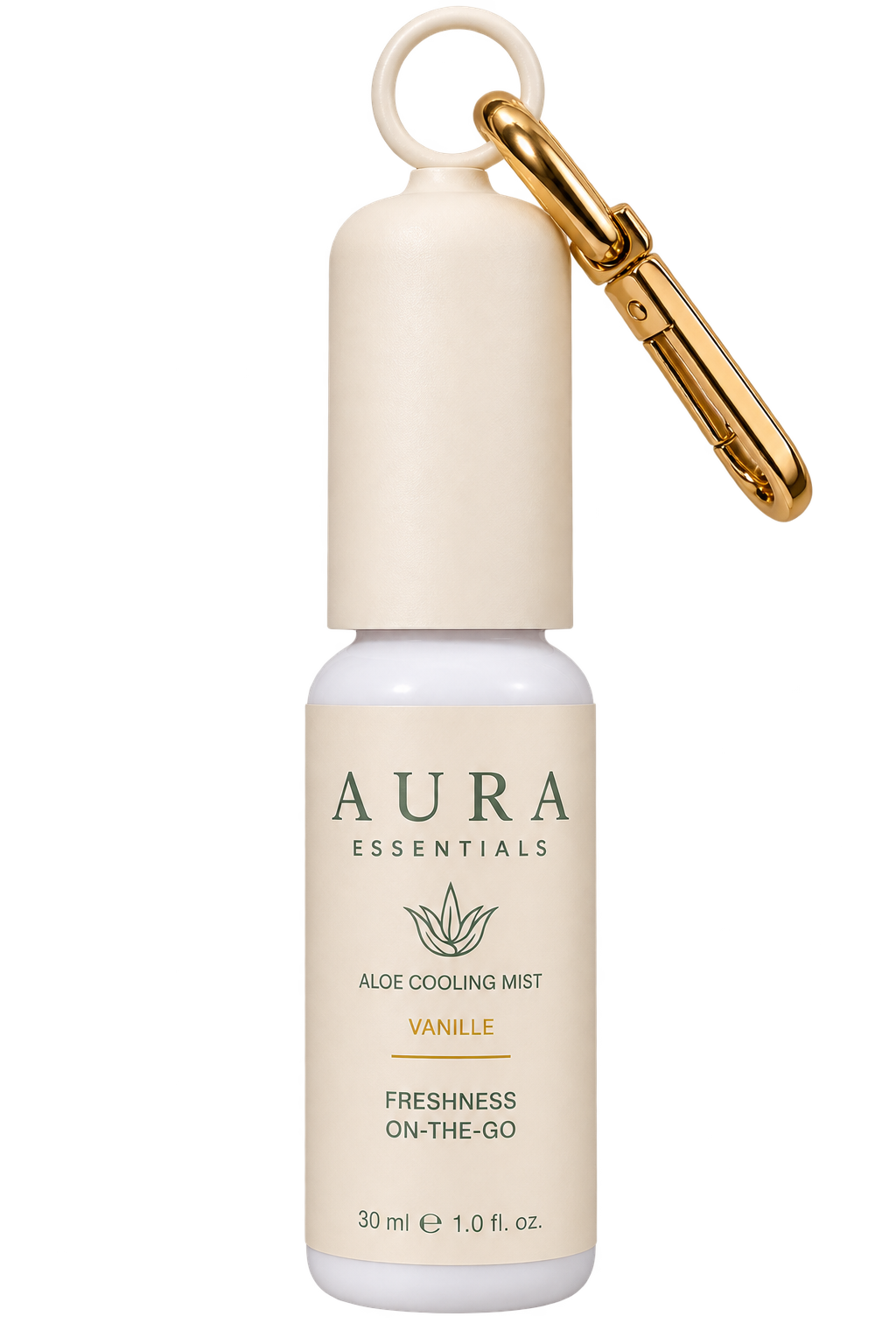 Brume Aloe Cooling Mist AURA Essentials parfum Vanille avec mousqueton doré