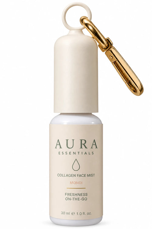 Spray Collagen Face Mist AURA Essentials parfum Monoï avec mousqueton doré
