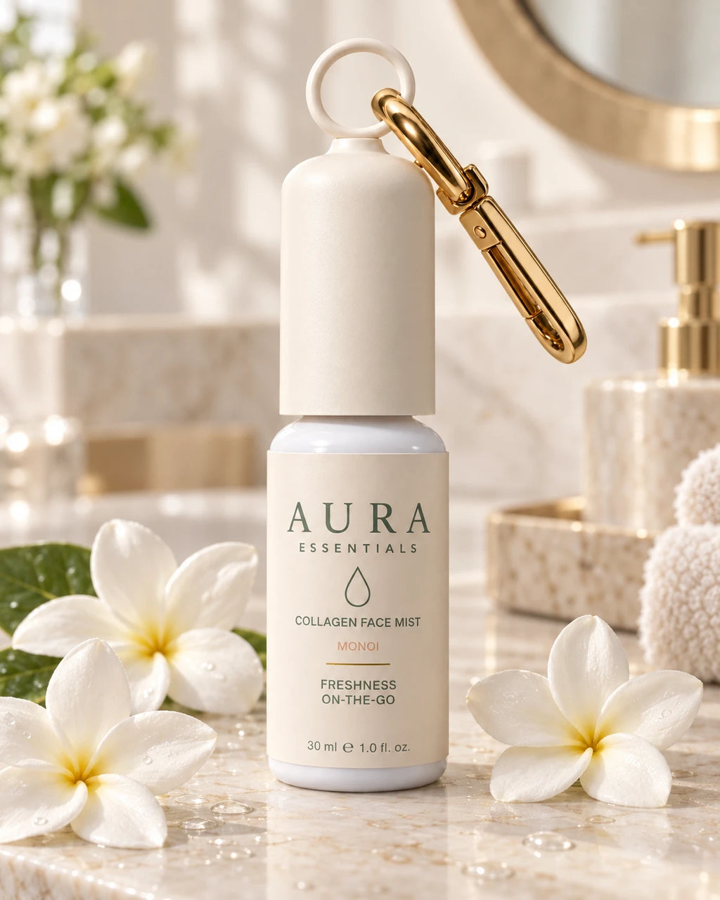 Collagen Face Mist Monoï sur un marbre clair avec des fleurs de tiaré