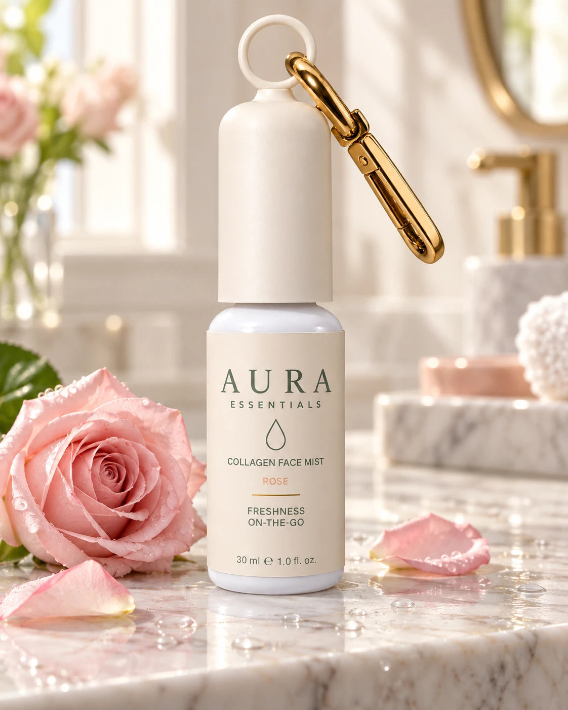 Collagen Face Mist Rose sur un marbre clair à côté d'une rose poudrée