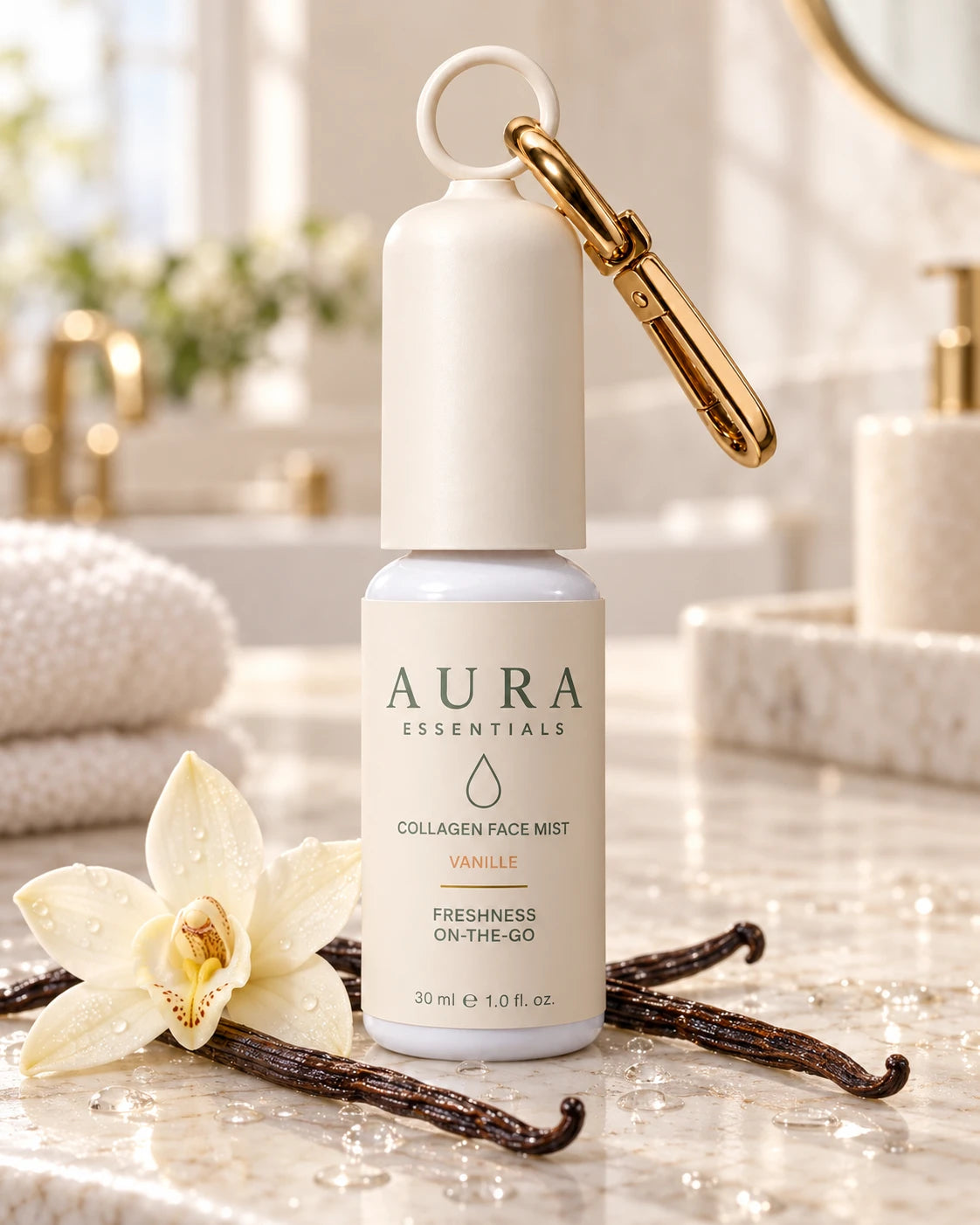 Collagen Face Mist Vanille sur un marbre clair avec des gousses et une fleur de vanille