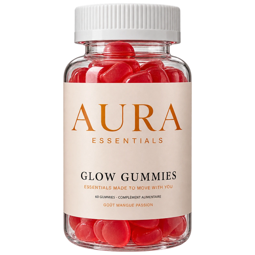 Pot de Glow Gummies AURA Essentials, goût mangue passion