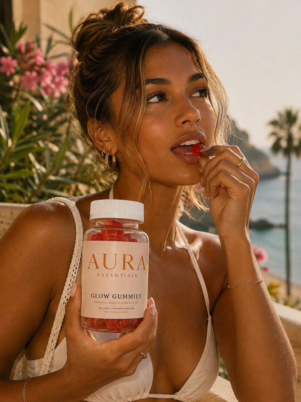 Femme au soleil qui déguste un Glow Gummy