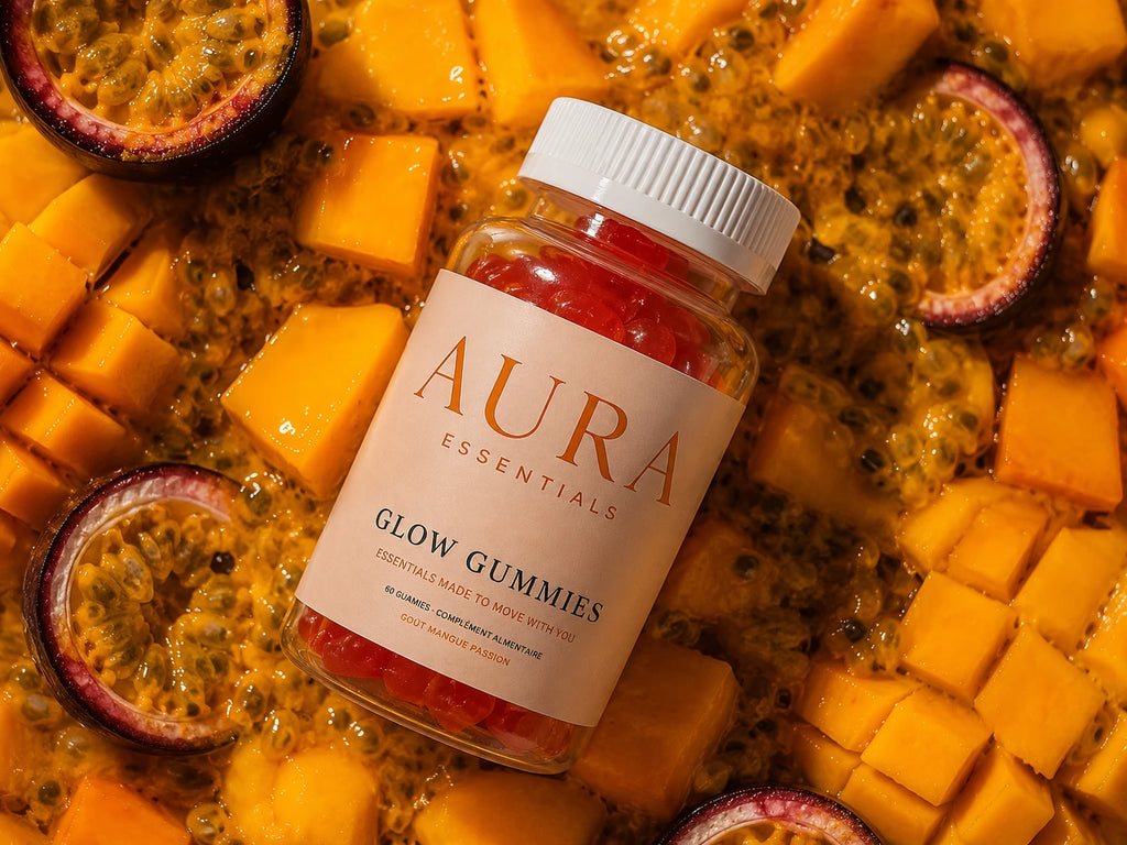 Pot de Glow Gummies posé sur des dés de mangue et des fruits de la passion