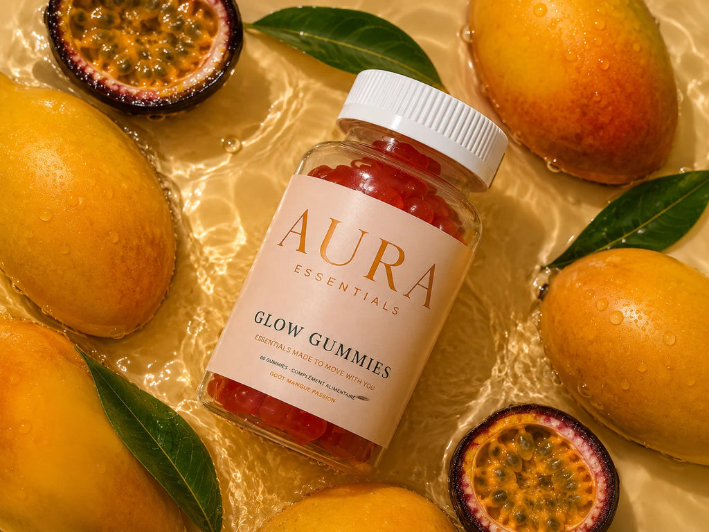 Glow Gummies entourés de mangues fraîches dans l'eau