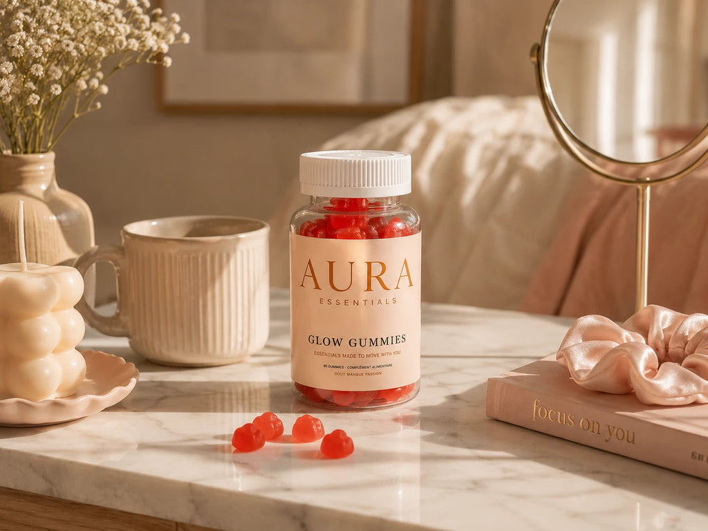 Glow Gummies sur une coiffeuse, gummies en forme de coeur