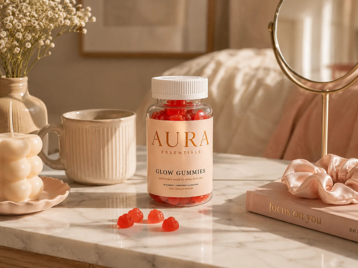 Glow Gummies sur une coiffeuse, gummies en forme de coeur