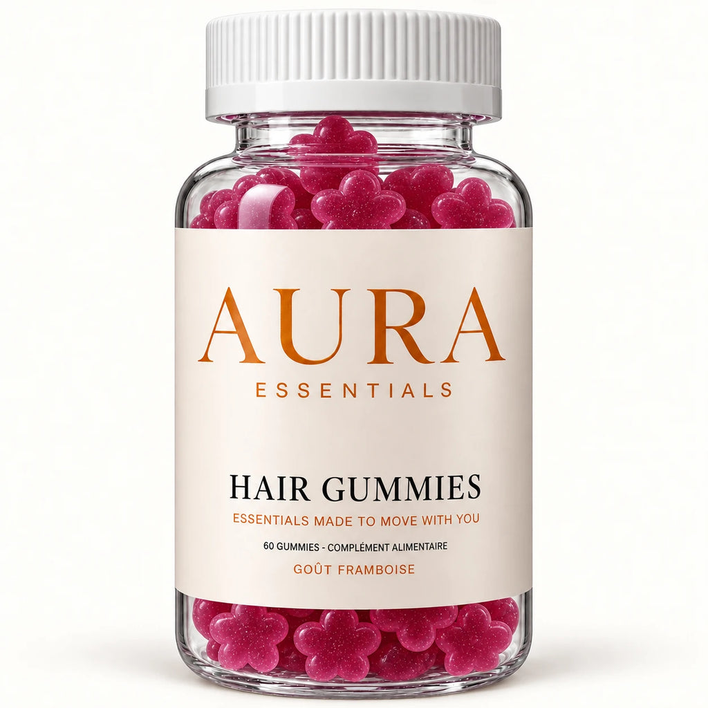 Pot de Hair Gummies AURA Essentials, goût framboise, gummies roses en forme de fleur