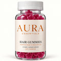 Pot de Hair Gummies AURA Essentials, goût framboise, gummies roses en forme de fleur