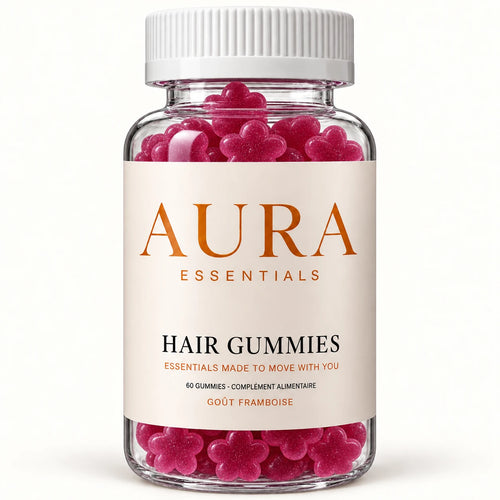 Pot de Hair Gummies AURA Essentials, goût framboise, gummies roses en forme de fleur