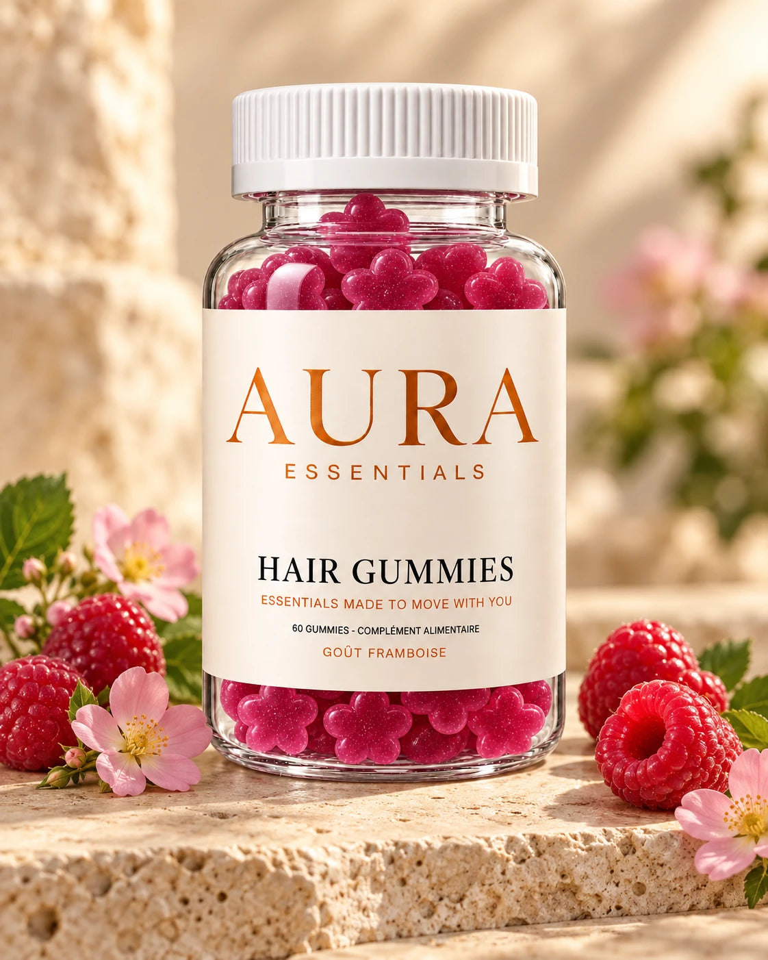 Hair Gummies posé sur une pierre entre framboises fraîches et fleurs roses