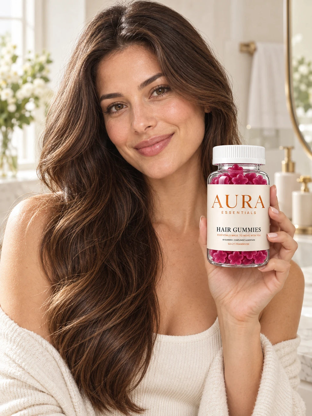 Femme aux cheveux longs et brillants qui tient un pot de Hair Gummies