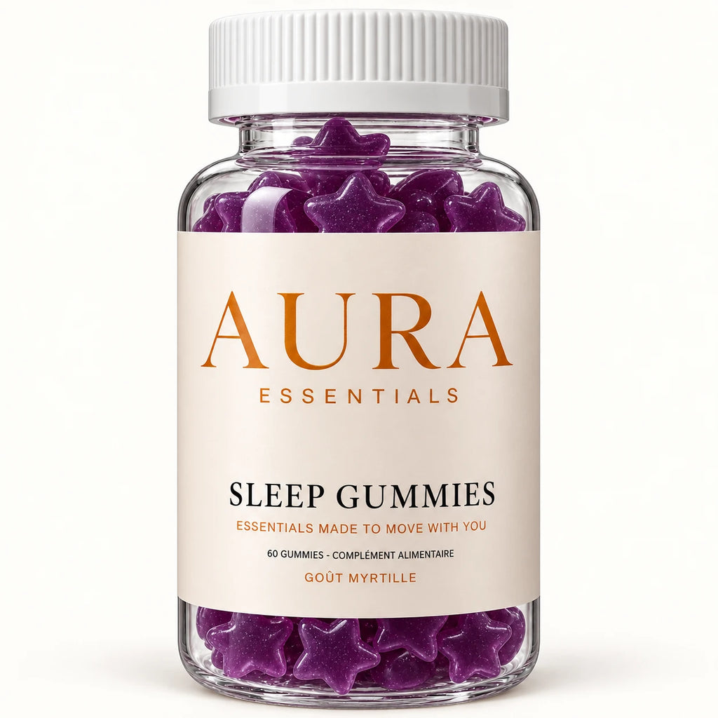 Pot de Sleep Gummies AURA Essentials, goût myrtille, gummies violets en forme d'étoile