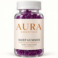 Pot de Sleep Gummies AURA Essentials, goût myrtille, gummies violets en forme d'étoile