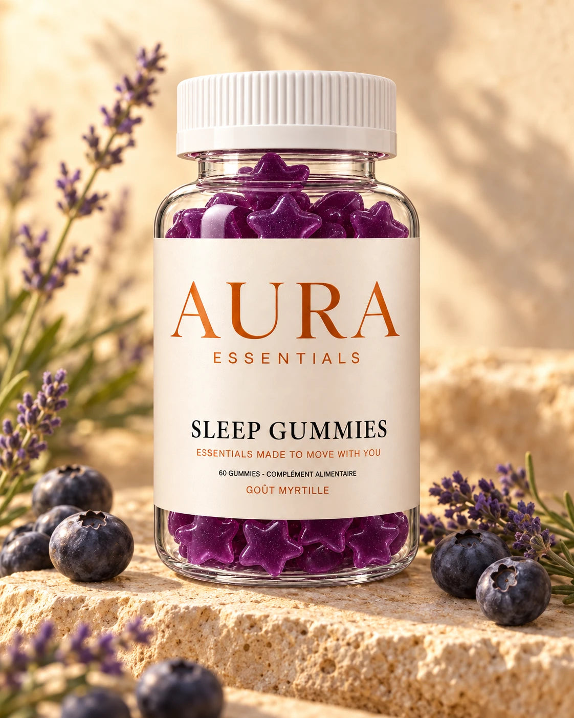 Sleep Gummies posé sur une pierre entre myrtilles fraîches et brins de lavande