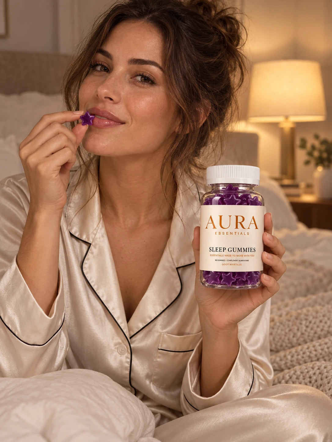 Femme en pyjama de satin sur son lit qui déguste un Sleep Gummy en forme d'étoile