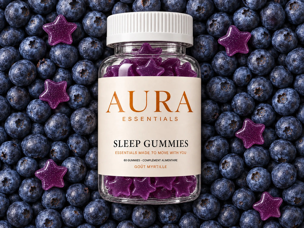 Pot de Sleep Gummies couché sur un lit de myrtilles avec des gummies étoile