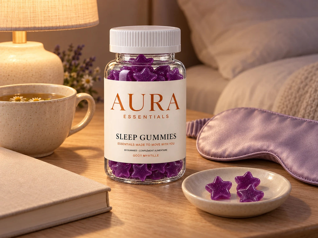 Sleep Gummies sur une table de chevet avec une tisane, un livre et un masque de nuit