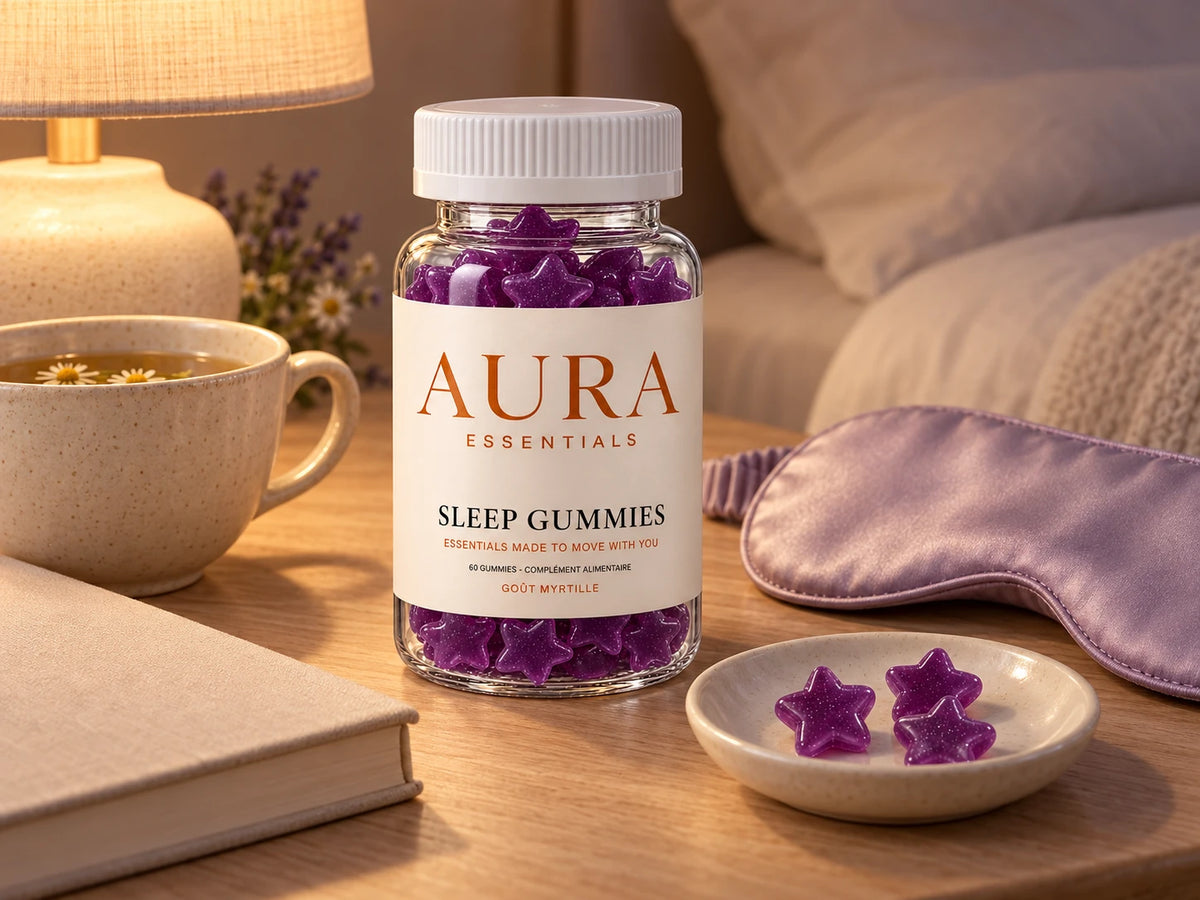 Sleep Gummies sur une table de chevet avec une tisane, un livre et un masque de nuit