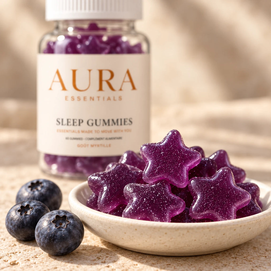 Gros plan sur des gummies violets en forme d'étoile dans une coupelle, pot Sleep Gummies en arrière-plan